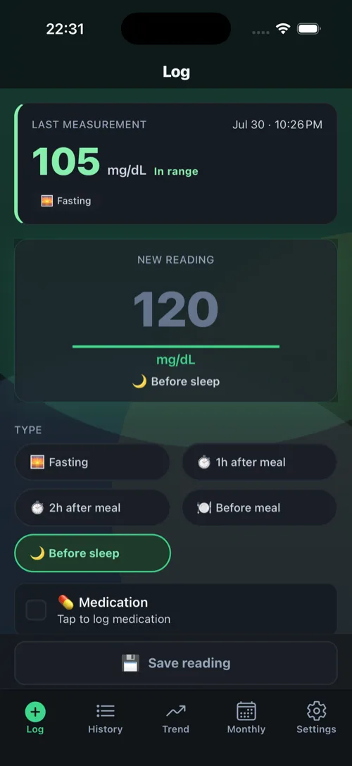 Log screen: entering a blood glucose value with measurement type and meal.