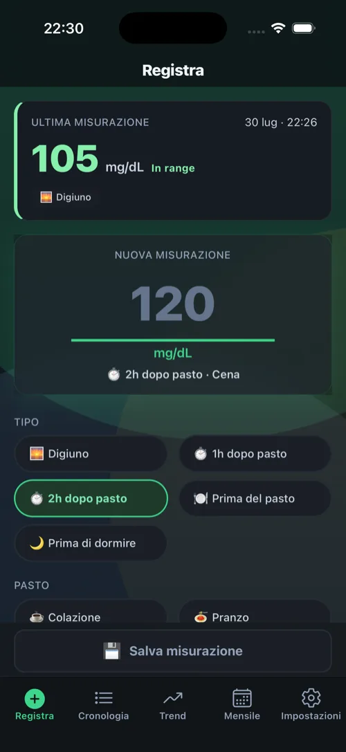 Schermata Registra: inserimento del valore glicemico con tipo di misurazione e pasto.
